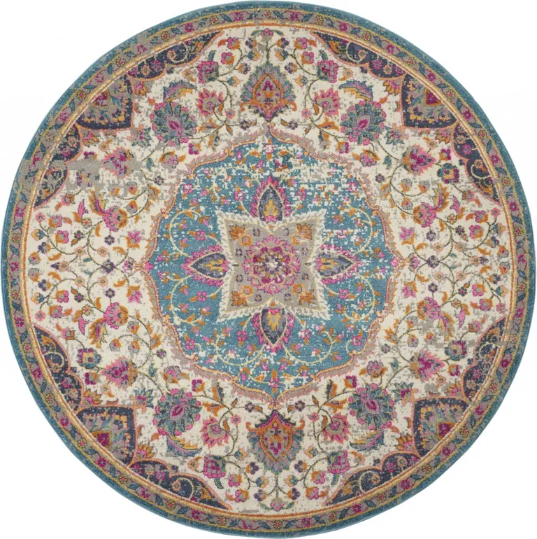 Pink and Blue Floral Medallion Area Rug Photo 1