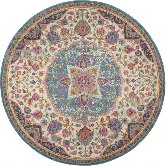 Pink and Blue Floral Medallion Area Rug Photo 1