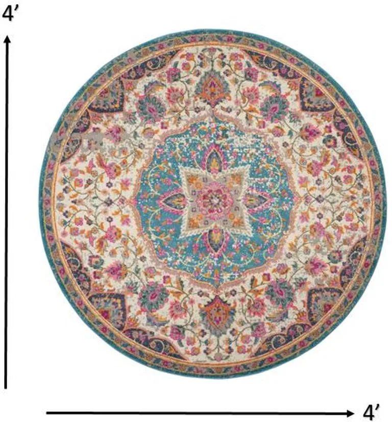 Pink and Blue Floral Medallion Area Rug Photo 3