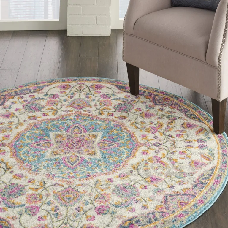 Pink and Blue Floral Medallion Area Rug Photo 5