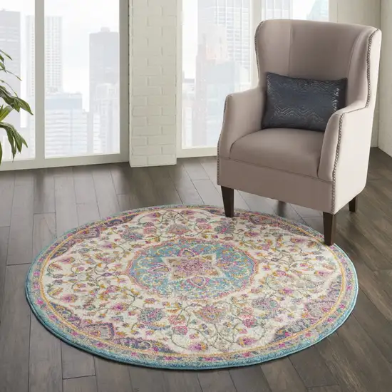 Pink and Blue Floral Medallion Area Rug Photo 6