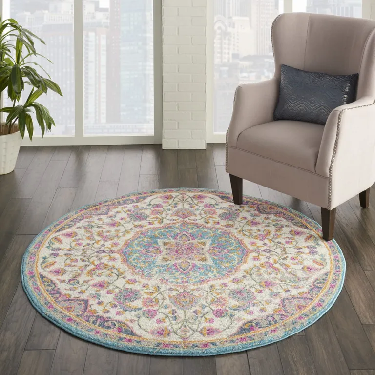 Pink and Blue Floral Medallion Area Rug Photo 4