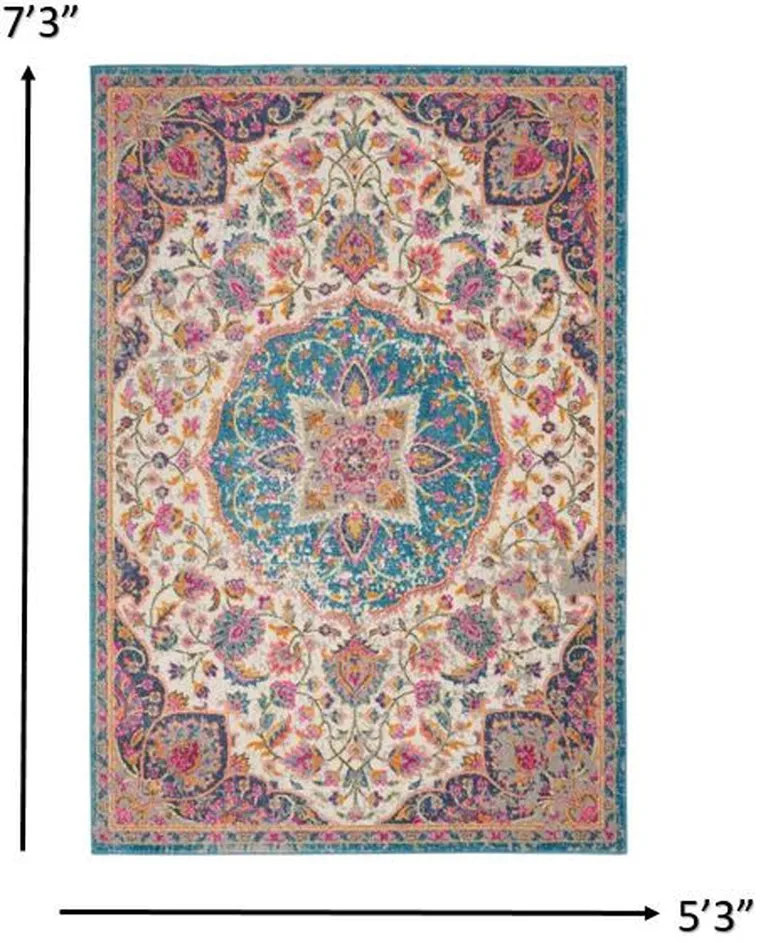 Pink and Blue Floral Medallion Area Rug Photo 3