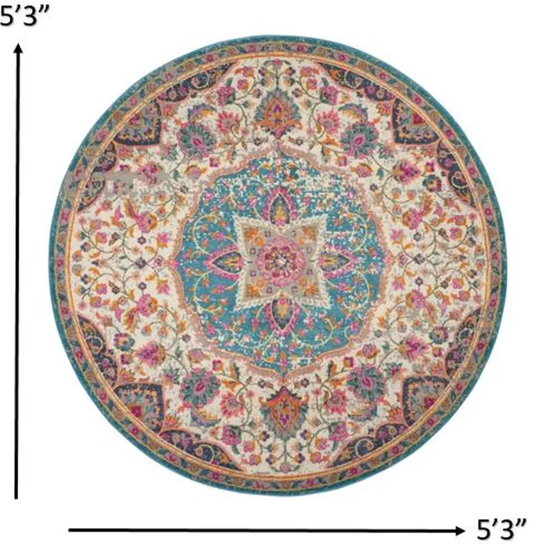 Pink and Blue Floral Medallion Area Rug Photo 3