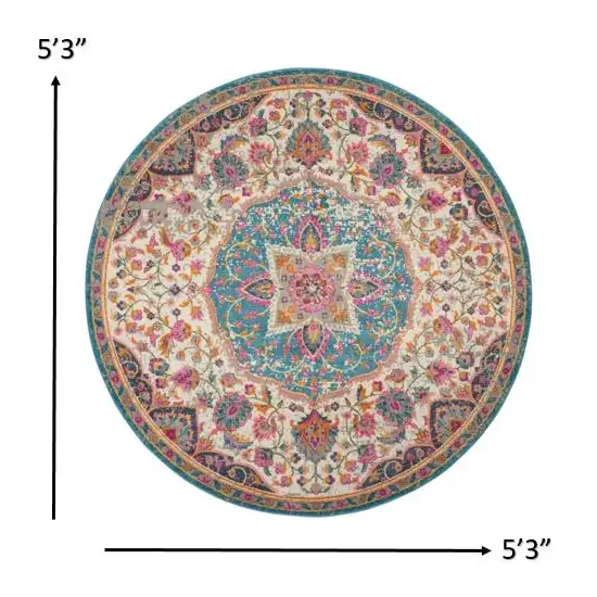 Pink and Blue Floral Medallion Area Rug Photo 3