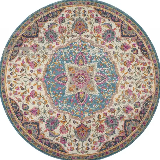 Pink and Blue Floral Medallion Area Rug Photo 8