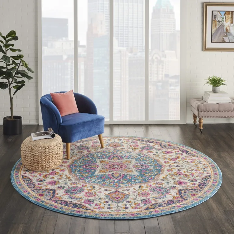 Pink and Blue Floral Medallion Area Rug Photo 4