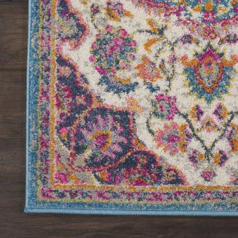 Pink and Blue Floral Medallion Runner Rug Photo 4