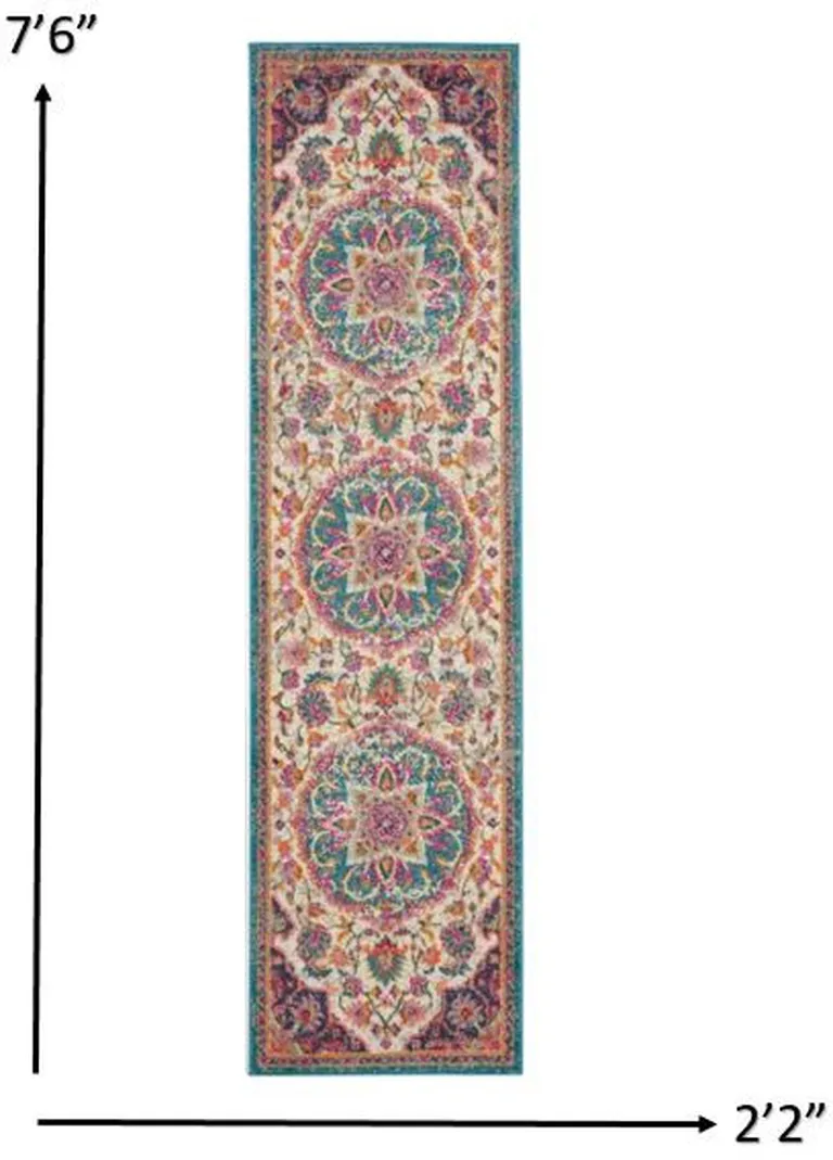 Pink and Blue Floral Medallion Runner Rug Photo 3