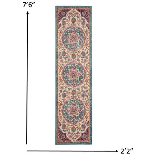 Pink and Blue Floral Medallion Runner Rug Photo 3