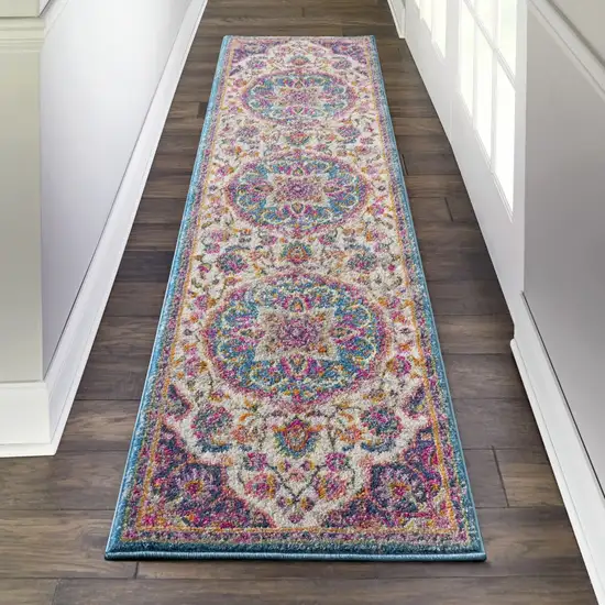 Pink and Blue Floral Medallion Runner Rug Photo 5