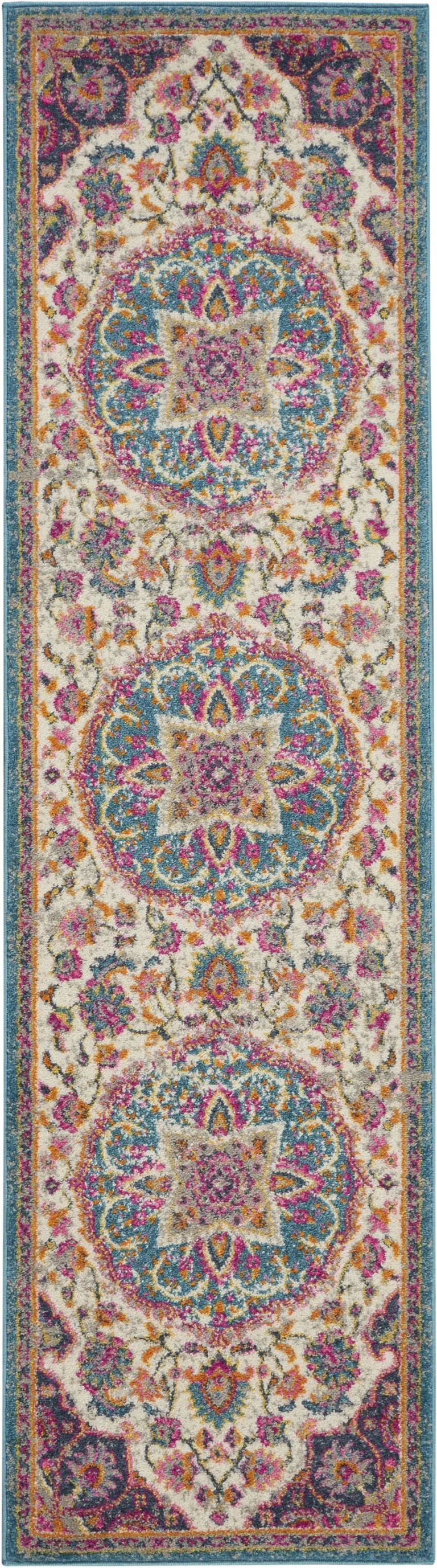 Pink and Blue Floral Medallion Runner Rug Photo 1