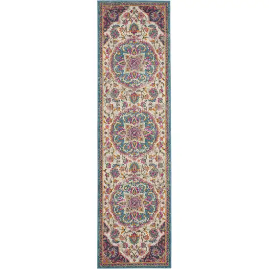 Pink and Blue Floral Medallion Runner Rug Photo 1