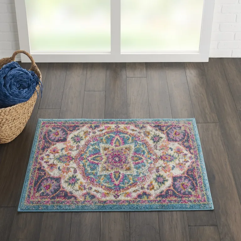 Pink and Blue Floral Medallion Scatter Rug Photo 5