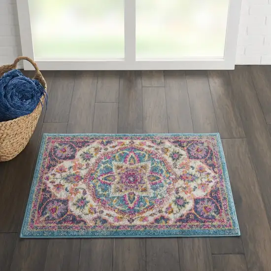 Pink and Blue Floral Medallion Scatter Rug Photo 6