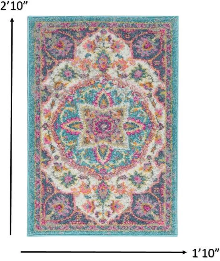 Pink and Blue Floral Medallion Scatter Rug Photo 2