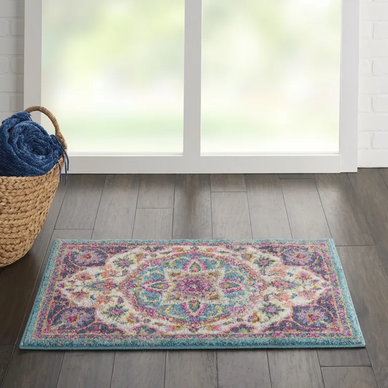 Pink and Blue Floral Medallion Scatter Rug Photo 4