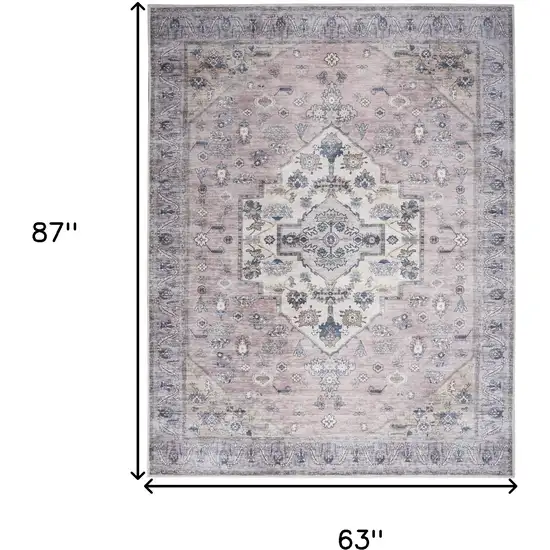 Pink and Blue Oriental Power Loom Distressed Washable Non Skid Area Rug Photo 10