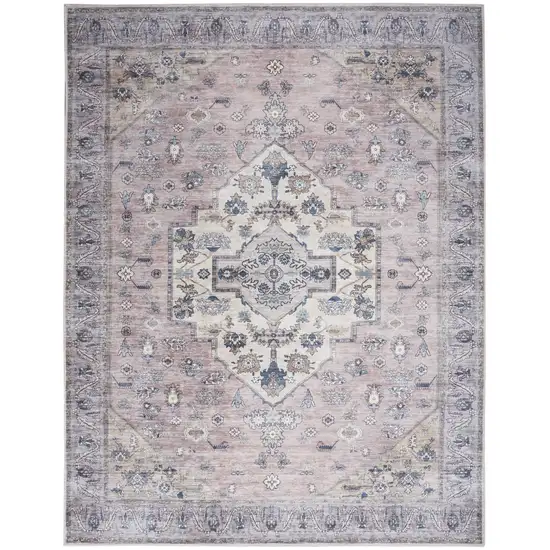 Pink and Blue Oriental Power Loom Distressed Washable Non Skid Area Rug Photo 1