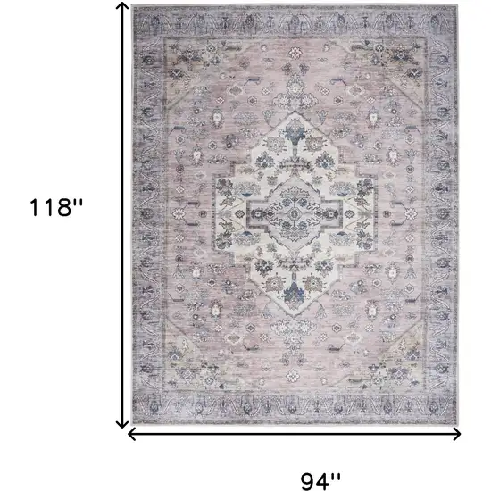 Pink and Blue Oriental Power Loom Distressed Washable Non Skid Area Rug Photo 10