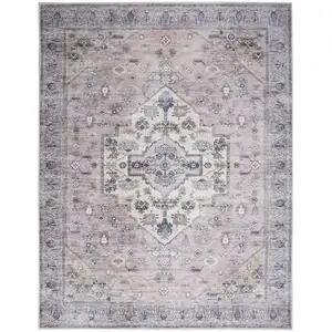 Photo of Pink and Blue Oriental Power Loom Distressed Washable Non Skid Area Rug