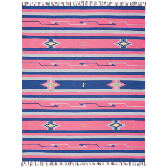 Pink and Blue Southwestern Handmade Area Rug With Fringe Photo 8