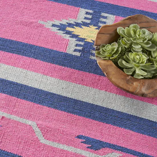 Pink and Blue Southwestern Handmade Area Rug With Fringe Photo 7