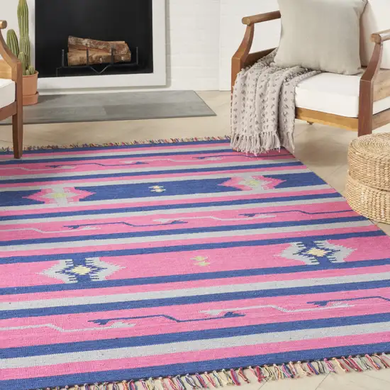 Pink and Blue Southwestern Handmade Area Rug With Fringe Photo 9