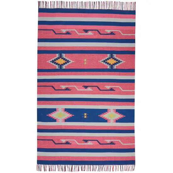 Pink and Blue Southwestern Handmade Area Rug With Fringe Photo 1