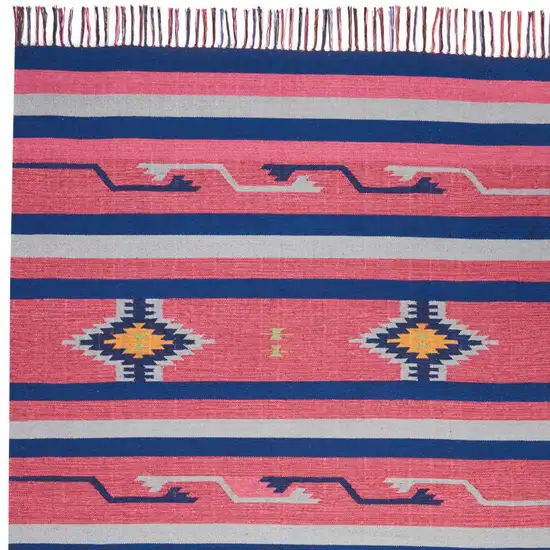 Pink and Blue Southwestern Handmade Area Rug With Fringe Photo 8