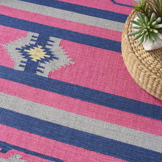 Pink and Blue Southwestern Handmade Area Rug With Fringe Photo 6