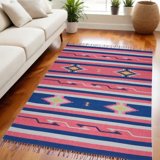 Pink and Blue Southwestern Handmade Area Rug With Fringe Photo 1