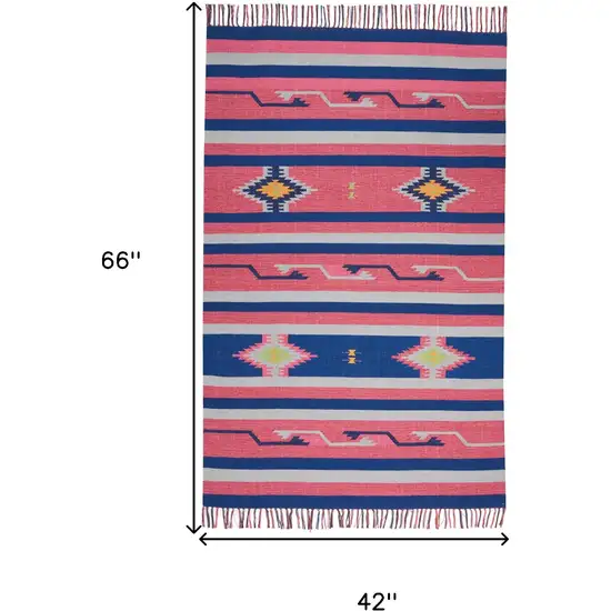 Pink and Blue Southwestern Handmade Area Rug With Fringe Photo 3