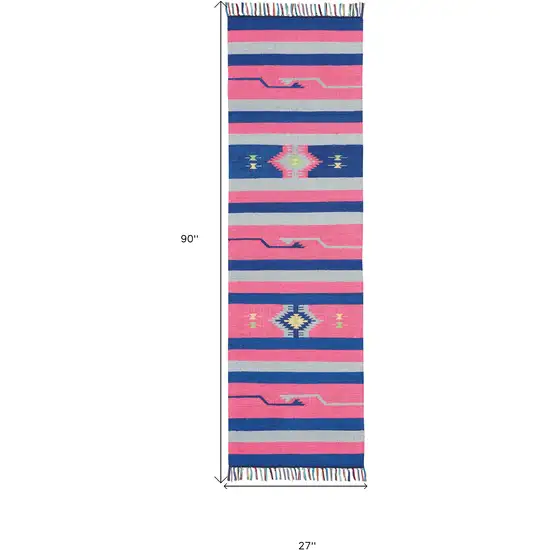 Pink and Blue Southwestern Handmade Runner Rug With Fringe Photo 3