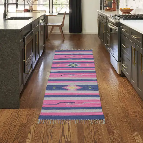 Pink and Blue Southwestern Handmade Runner Rug With Fringe Photo 9