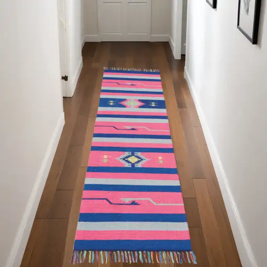 Pink and Blue Southwestern Handmade Runner Rug With Fringe Photo 1