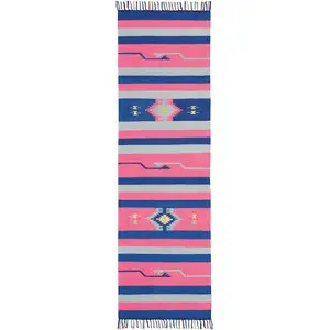 Photo of Pink and Blue Southwestern Handmade Runner Rug With Fringe