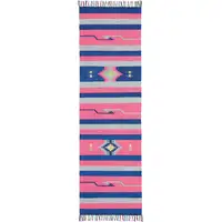 Photo of Pink and Blue Southwestern Handmade Runner Rug With Fringe