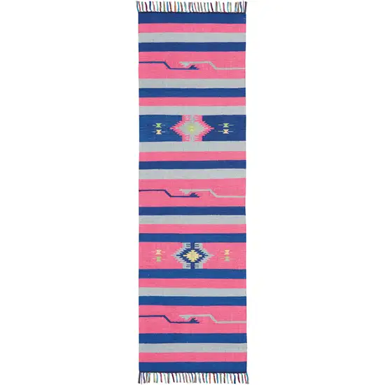 Pink and Blue Southwestern Handmade Runner Rug With Fringe Photo 2