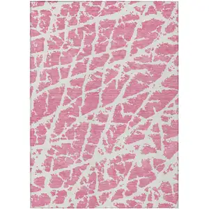 Photo of Pink and Ivory Abstract Washable Non Skid Indoor Outdoor Area Rug