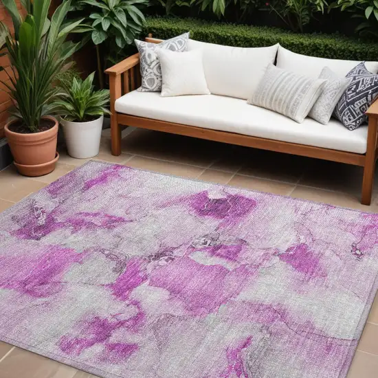 Pink and Ivory Abstract Washable Non Skid Indoor Outdoor Area Rug Photo 2