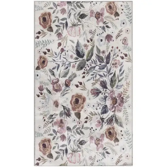 Pink and Ivory Floral Power Loom Washable Non Skid Area Rug Photo 2