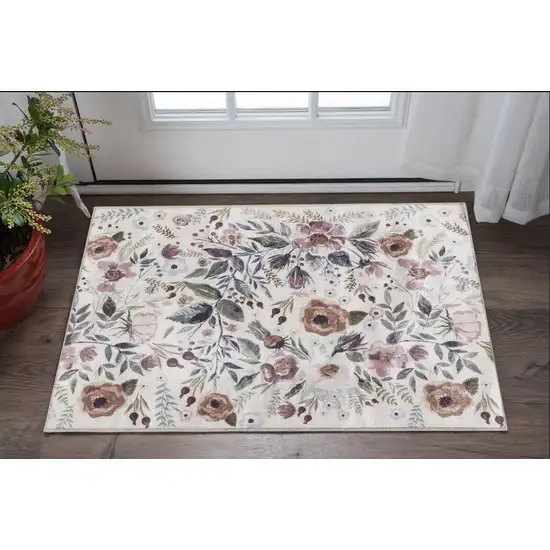 Pink and Ivory Floral Power Loom Washable Non Skid Area Rug Photo 1