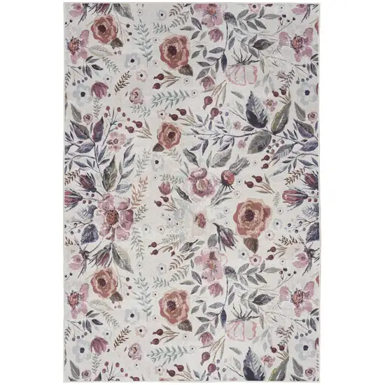 Pink and Ivory Floral Power Loom Washable Non Skid Area Rug Photo 2