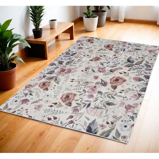 Pink and Ivory Floral Power Loom Washable Non Skid Area Rug Photo 1