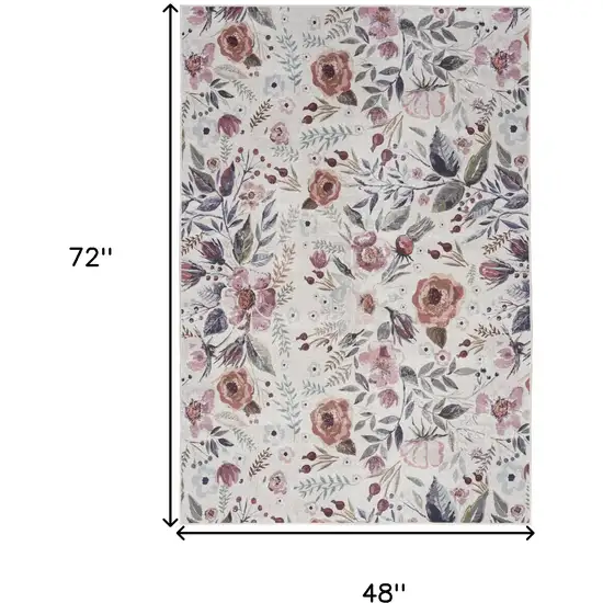 Pink and Ivory Floral Power Loom Washable Non Skid Area Rug Photo 3