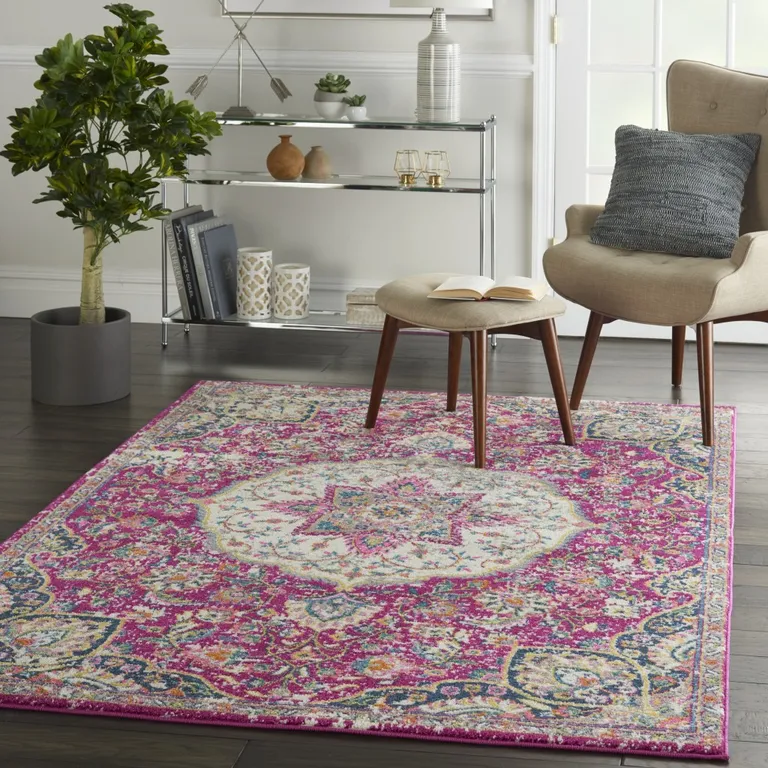 Pink and Ivory Medallion Area Rug Photo 5