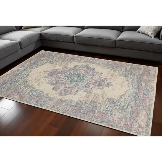 Pink and Ivory Medallion Power Loom Area Rug Photo 1