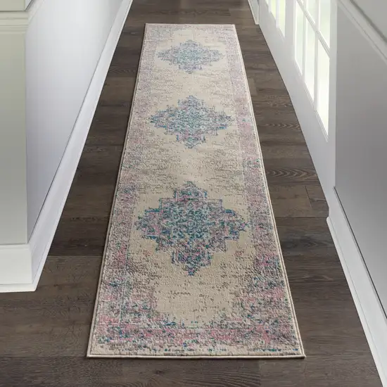 Pink and Ivory Medallion Power Loom Runner Rug Photo 9