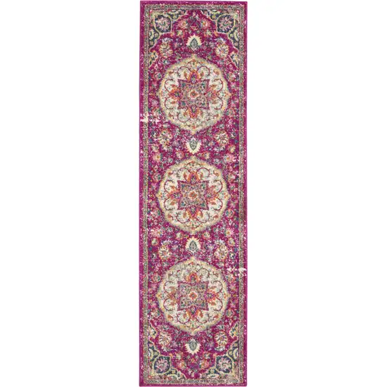 8' Pink And Ivory Medallion Runner Rug Photo 2